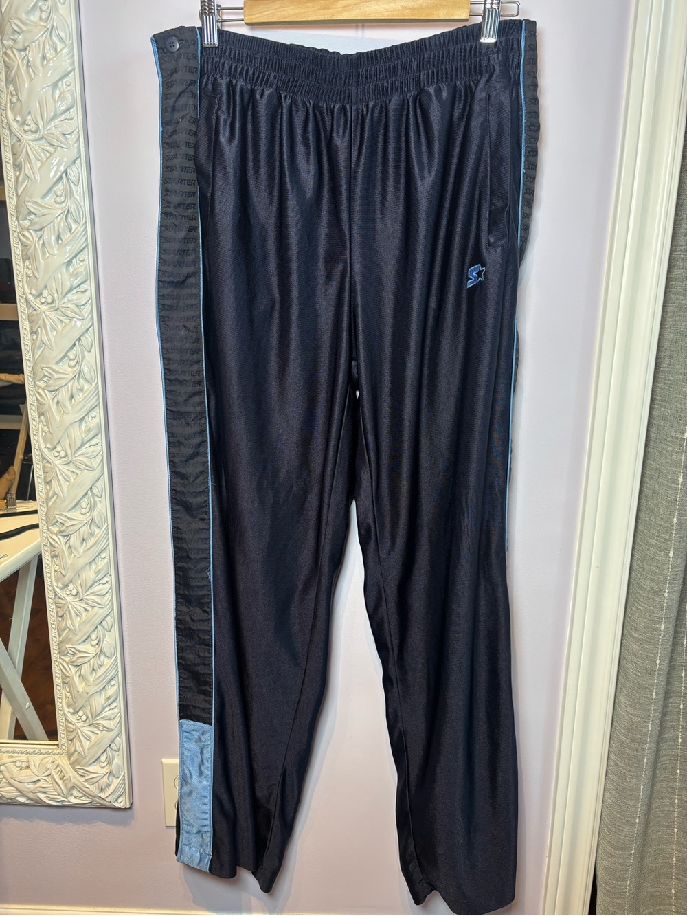 STARTER Tear Away Unisex Y2K Navy Track Pants with Light Blue Trim Size Large